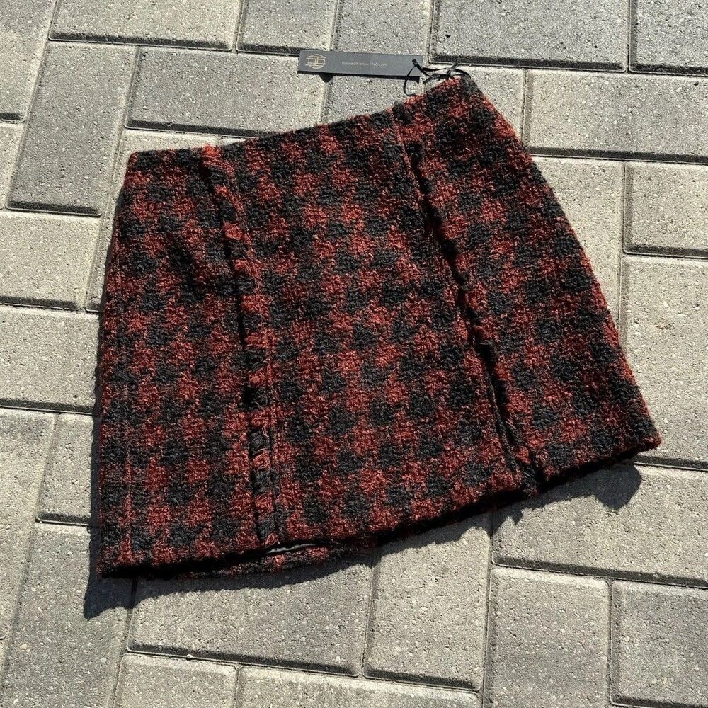 House of Harlow Boucle Mini Skirt Black Brown Houndstooth Tweed‎ Designer NWT XS